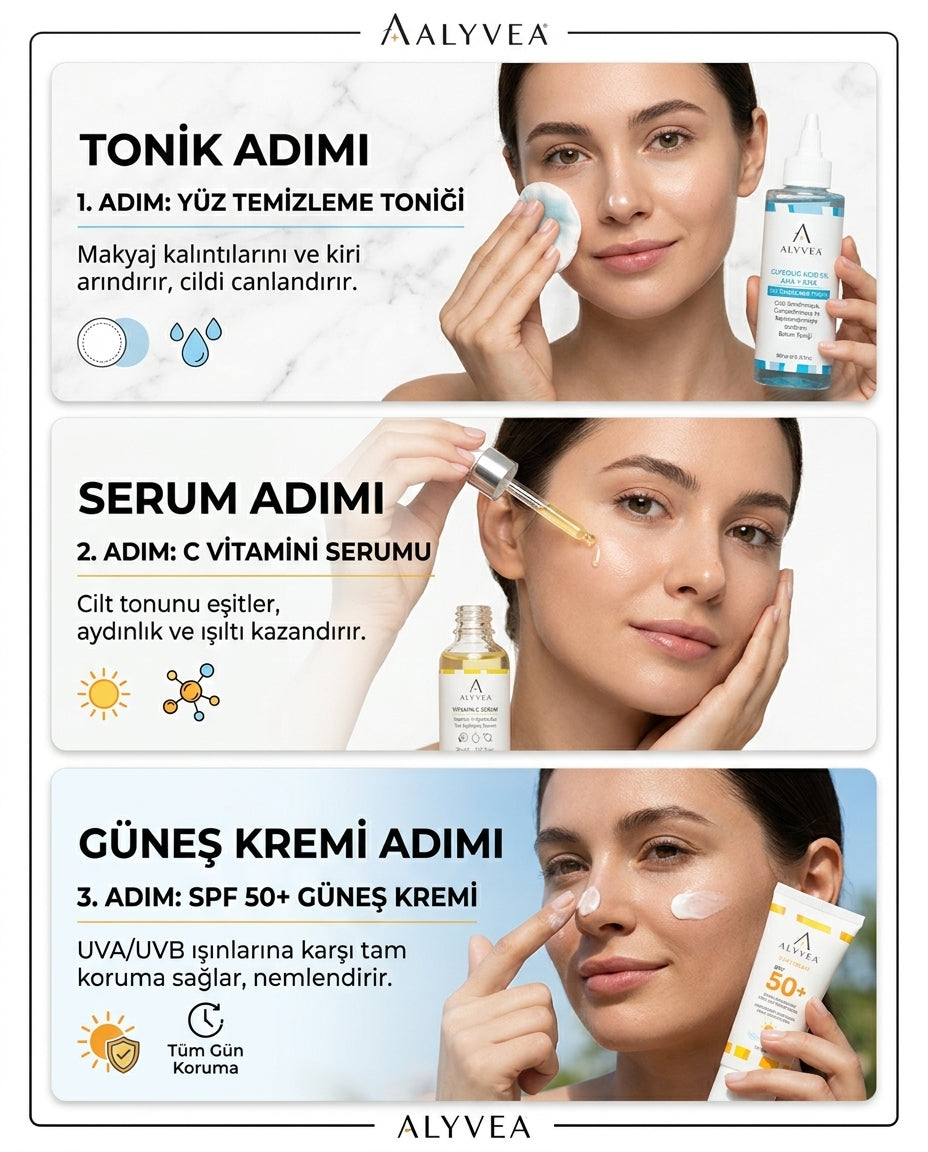 ALYVEA Günlük Bakım ve Arındırma Seti – Tonik, C Vitamini, SPF 50+