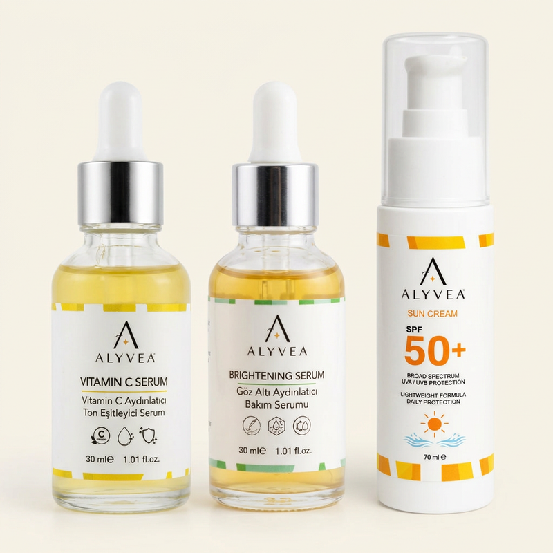 ALYVEA Aydınlık Görünüm Seti: C vitamini serumu, göz altı serumu ve SPF 50+ güneş kremi