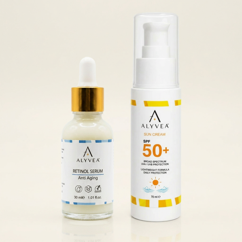 ALYVEA Gece ve Gündüz Bakım Seti: Retinol Serum 30 ml ve SPF 50+ Güneş Kremi 70 ml